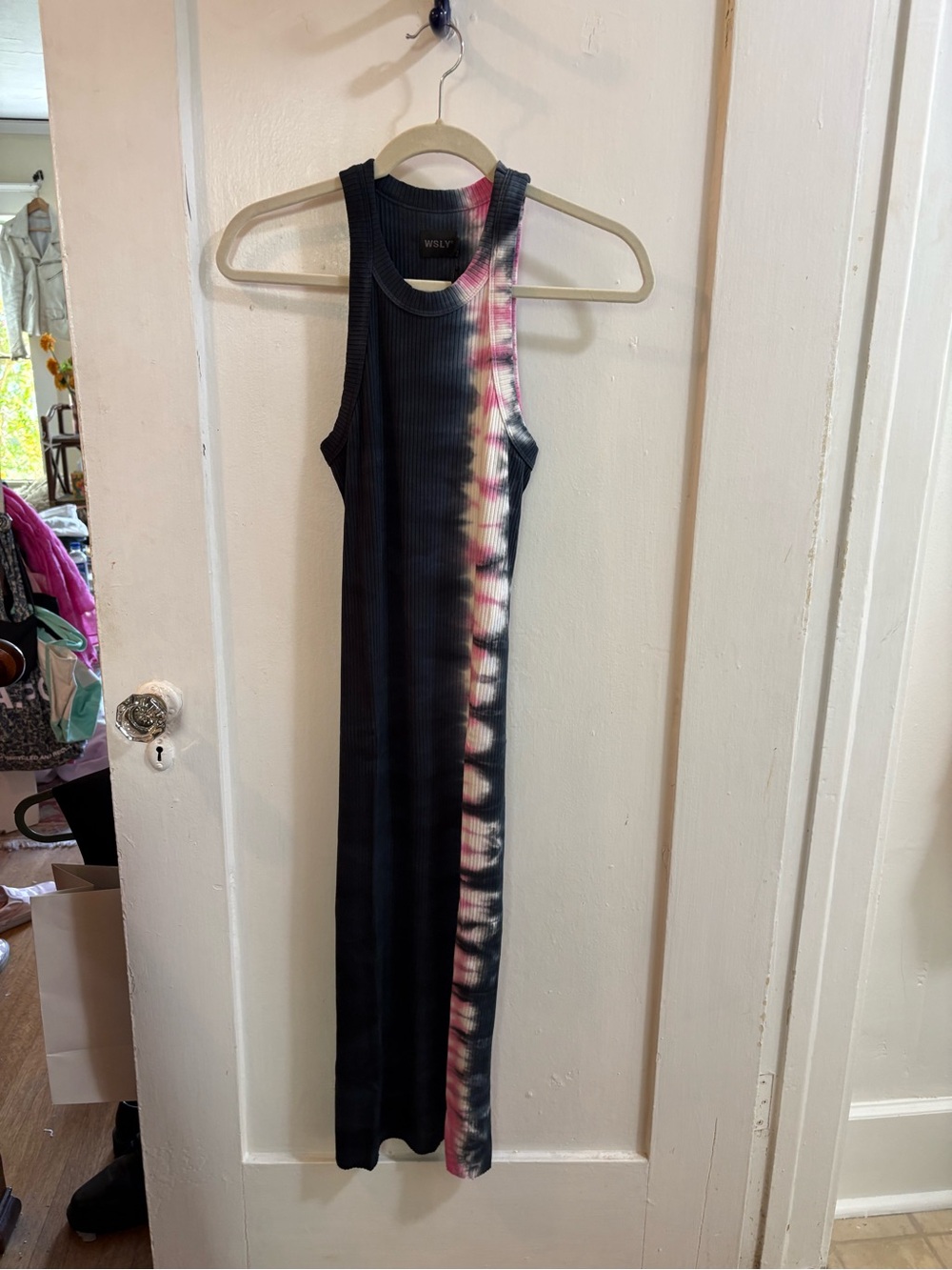 WSLY Black Ribbed Maxi Dress with Pink Tie-Dye Stripe